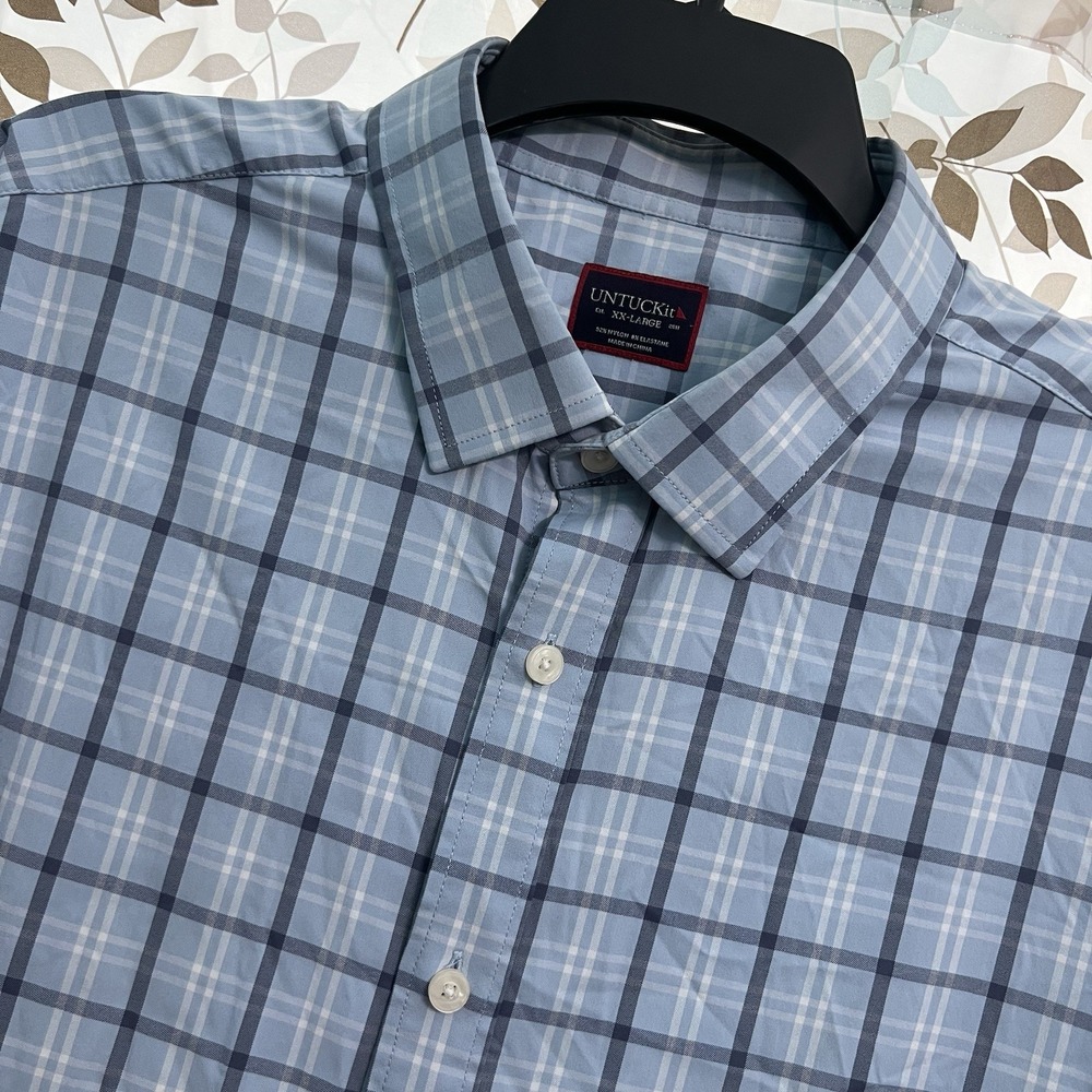 UNTUCKit Performance Shirt Men 2XL Blue Gray Check Nylon Stretch Short Sleeve